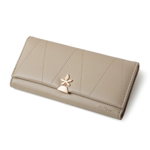 Elegant khaki leather long wallet for women with golden flower hardware and zip closure