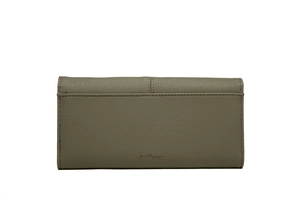 Close-up of olive green matte PU leather wallet with delicate stitching and brand logo