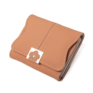 Women short brown PU leather bifold wallet with floral metal buckle and zipper
