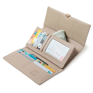 Minimalist khaki long wallet featuring multiple card slots and metal buckle closure