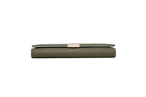 Side view detail of olive green PU leather long wallet showing metallic buckle and stitching