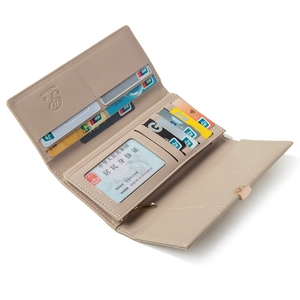 Women's minimalist beige long wallet with multiple card slots and gold hardware buckle