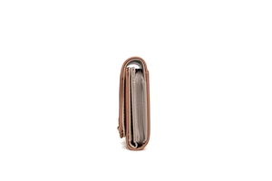 Side view of brown tri-fold wallet showing multi-layer accordion structure and zipper pocket
