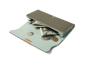 Detail view of large capacity long wallet interior with card slots and coin pocket