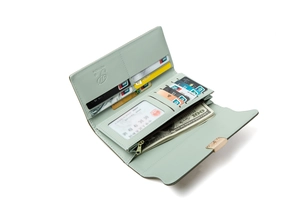 Interior layout of mint green long leather wallet with card slots and a zipper pocket