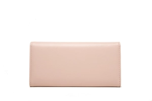 Close-up of pink long wallet showing detailed litchi grain leather and fine stitching