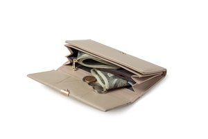 Detail view of beige long wallet featuring multiple compartments and gold zipper for storage