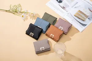 Collection of women's PU leather folding wallets with flower metal buckles in six colors