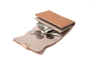Detail view of the brown tri-fold wallet showing card slots and golden metal clasp