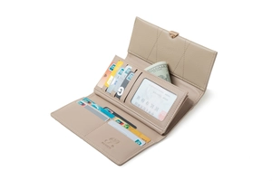 Detail view of the open tri-fold beige wallet showing multiple card slots and banknote sections