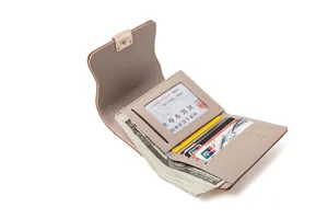 Detailed interior of a mauve PU leather trifold wallet with multiple card slots and ID window