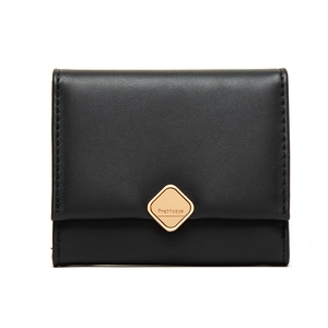 Close-up of matte black leather wallet with golden diamond-shaped hardware clasp