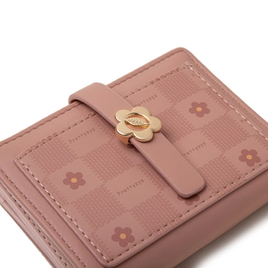Kurze Damen Geldbörse aus PU-Leder mit Blumendruck und goldener Gänseblümchen-Schnalle