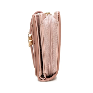 Side view detail of pink folding wallet showing zipper layer and gold flower buckle clasp