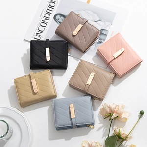 Short PU leather women's wallets with quilted texture and gold metal buckle in 6 colors