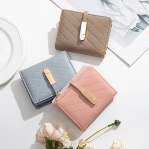 Women Short PU Leather Wallet Solid Color Quilted Purse With Metal Hasp Card Holder And Zipper Coin Pocket For Daily Use