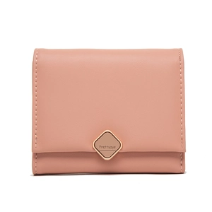 Close-up of pink matte leather wallet featuring a golden diamond buckle and stitching
