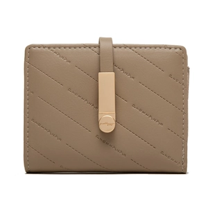 Detail of light brown PU leather short wallet featuring diagonal quilting and gold clasp