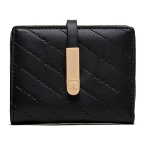 Detail of black PU leather wallet with quilted pattern and gold magnetic buckle closure