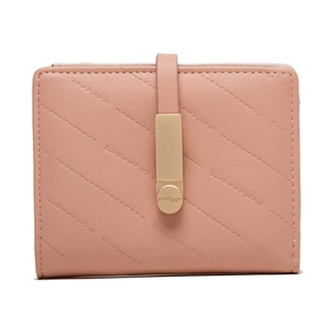 Detailed view of pink quilted PU leather wallet with gold metal buckle and embossed texture