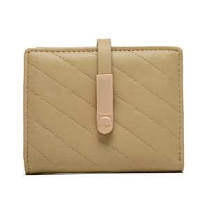 Close-up of beige quilted PU leather wallet with elegant gold buckle and stitch detail