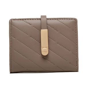 Close-up of minimalist PU leather wallet with quilted stitching and gold buckle detail