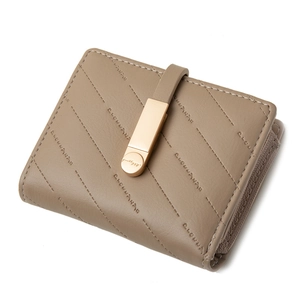 Short PU leather women's wallet with diagonal stitching and golden snap closure