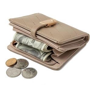 Short brown PU leather wallet for women with quilted texture and gold metal buckle