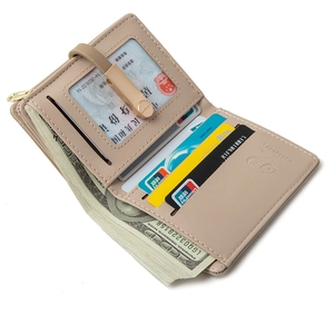 Women's minimalist light brown short PU leather bifold wallet with multiple card slots