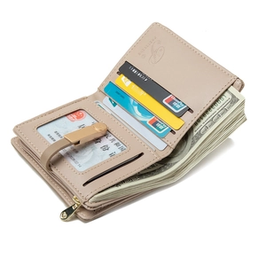 Minimalist beige PU leather bifold short wallet for women with card slots and coin pocket