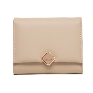 Close-up of beige trifold wallet featuring neat white stitching and a metal clasp