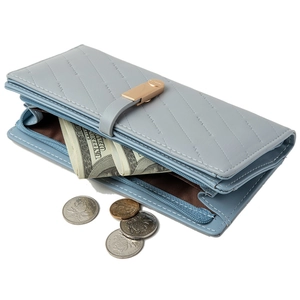 Light blue quilted long wallet for women with gold buckle and multi-card slots
