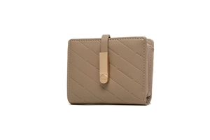Detail of khaki PU leather wallet featuring diagonal quilted stitching and metal buckle