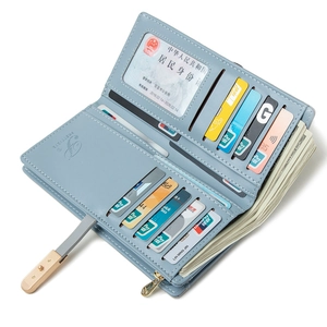 Light blue minimalist multi-slot leather wallet with accordion fold and snap closure
