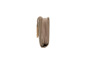 Side view of short PU leather wallet showing foldable structure and zipper pocket