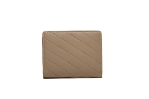 Detail showing the diagonal quilting and debossed lettering on the khaki PU leather wallet