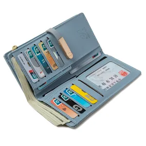 Detail view of light blue leather wallet interior with multiple card slots and ID window