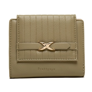 Women's Trifold Short Wallet PU Leather Vertical Pleated Pattern Gold X-Shape Buckle Multi-Slot Coin Purse Elegant Simple