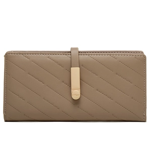 Detailed close-up of khaki PU leather wallet with diagonal stitching and golden buckle