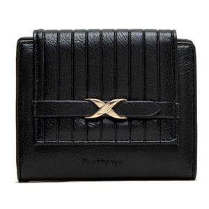 Detailed macro view of black PU leather wallet with vertical pleats and golden X buckle