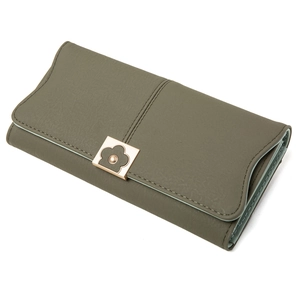 Olive green long synthetic leather wallet with gold square buckle for women
