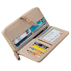 Women's long beige PU leather wallet featuring multiple card slots and metal zipper