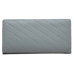 Detail of grey-blue long leather wallet featuring diagonal stitching and embossed texture