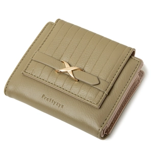 Short tri-fold PU leather women's wallet with vertical stripes and golden X buckle