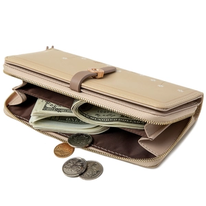 Beige floral print long wallet for women with zipper and elegant buckle closure