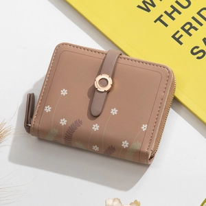 Damen Geldbeutel Kurz PU Leder Blumendruck Reißverschluss Druckknopf Kartenhalter Münzfach Frischer Stil Handtasche