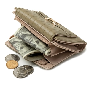 Women's tri-fold PU leather wallet with chevron quilting and golden buckle detail