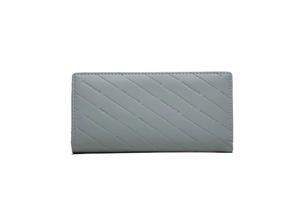 Detail of light blue-grey leather long wallet with diagonal stitching and embossed logo