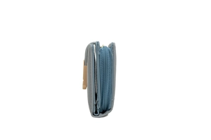 Detail view of morandi blue quilted leather wallet featuring gold side zipper and multi-layers