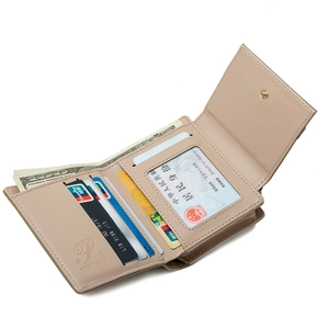 Short tri-fold PU leather wallet in light brown with multi-card slots and zipper pocket